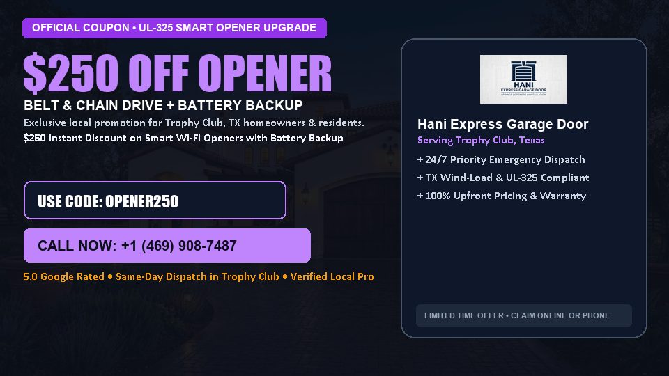 Hani Express Garage Door $250 OFF Premium LiftMaster Opener Installation in Trophy Club, TX